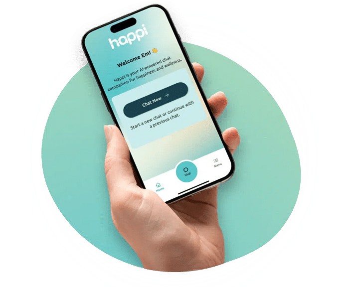 The Happi app open on a phone, held in hand
